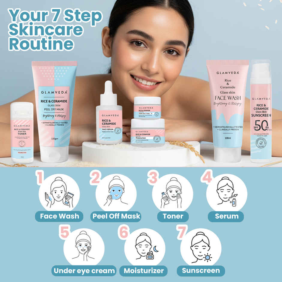 Glamveda Korean Glass Skin Rice and Ceramide 7 Step Weekly Skincare Routine For Women with Gift Box