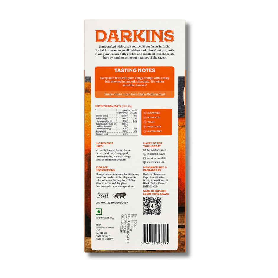 Darkins Sugar Free Dark Chocolate 70% Orange