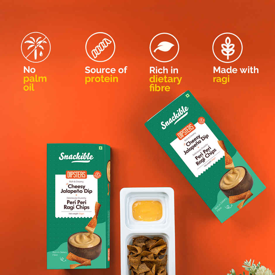 Snackible Piri Piri Ragi Chips | With Cheesy Jalapeno Dip | High Fibre