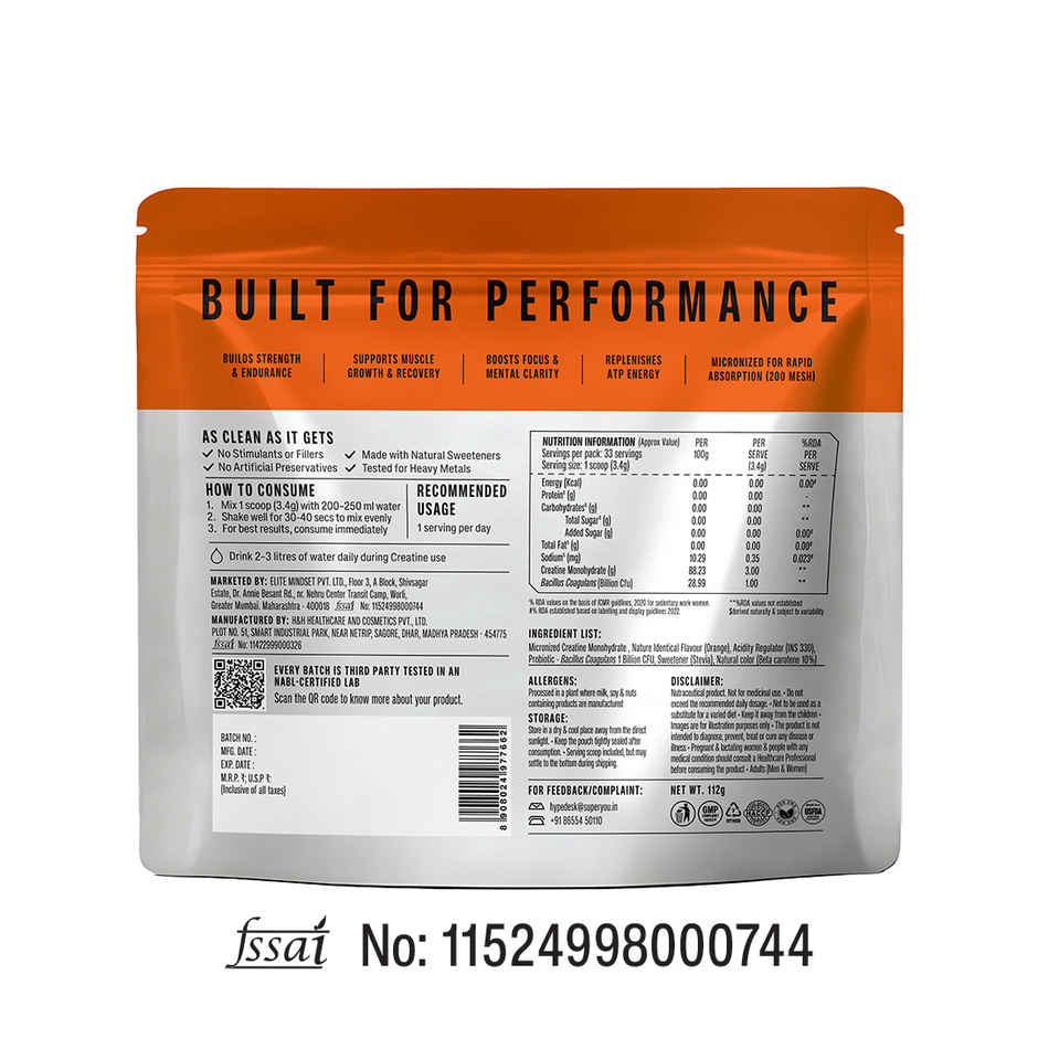 Superyou Pro Fermented Yeast Protein- Chocolate | 24G Protein Per Scoop (1kg) & Superyou Pro Micronised Creatine Monohydrate Kick | 33 Servings | Orange (112g) Combo 