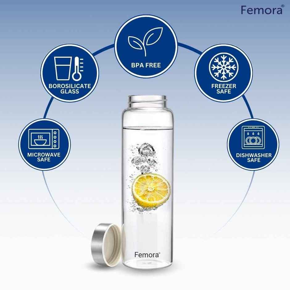 Femora Borosilicate Glass Bottle with Steel Lid Finish | Transparent | 1 L