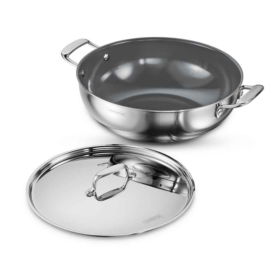 Tramontina Fusao Triply Ceramic Kadai | 30 cm | Stainless Steel Lid | Induction Compatible