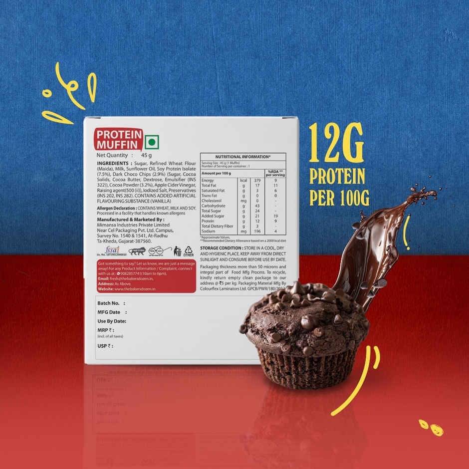 The Baker's Dozen 12g Protein Muffin | Eggless | Cupcake with chocolate | Made with Cocoa Powder
