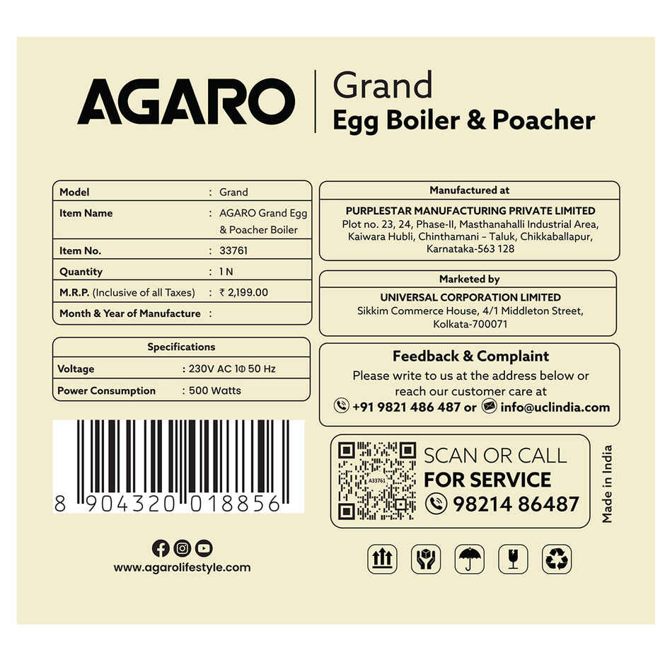Agaro Grand Egg Boiler And Poacher, 500W, 2-in1 Boils 8 Eggs, Poach 4 Eggs, Steamed Vegetables, 3 Boiling Modes, Stainless Steel Body - Silver