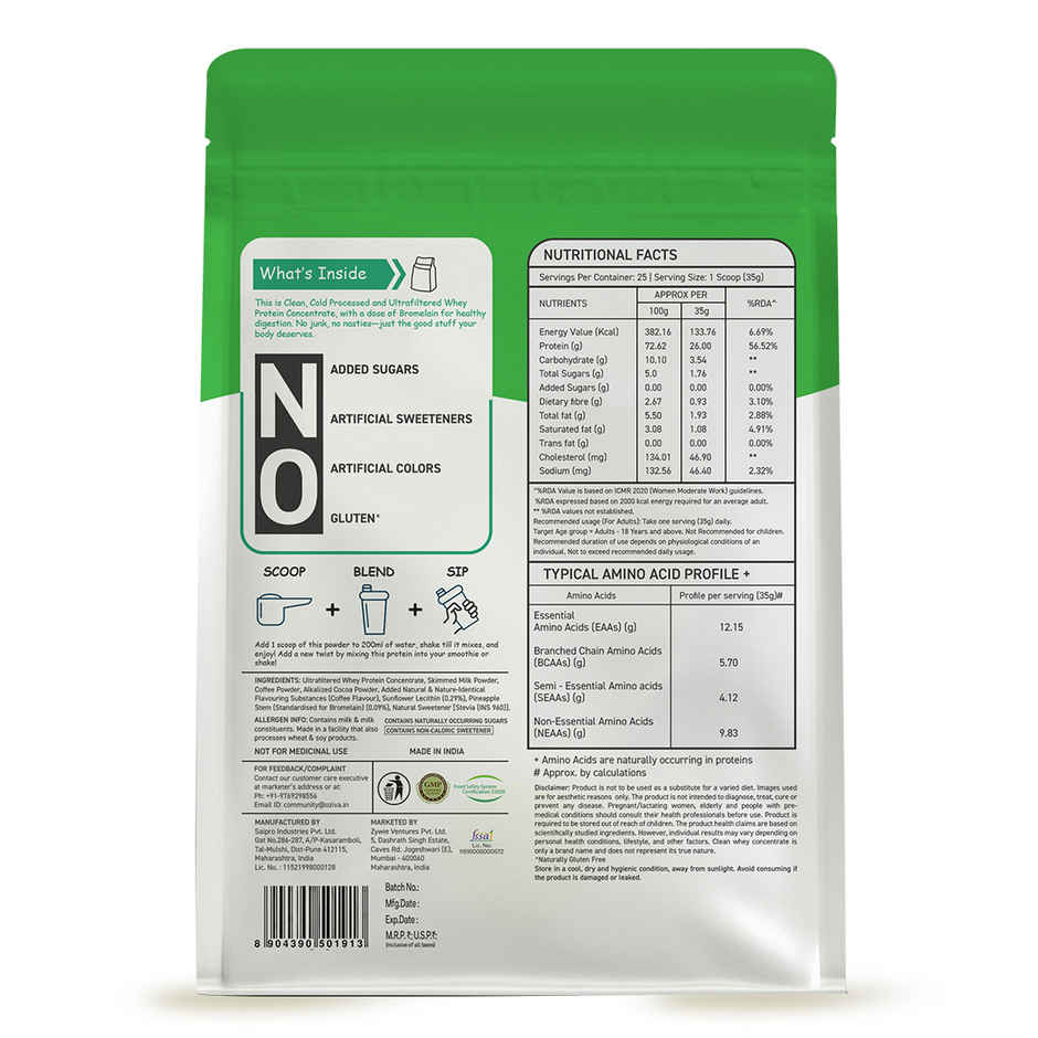 Oziva Concentrated Clean Whey Protein Powder (Unflavoured) , 26g Protein | 100% Cold Pressed