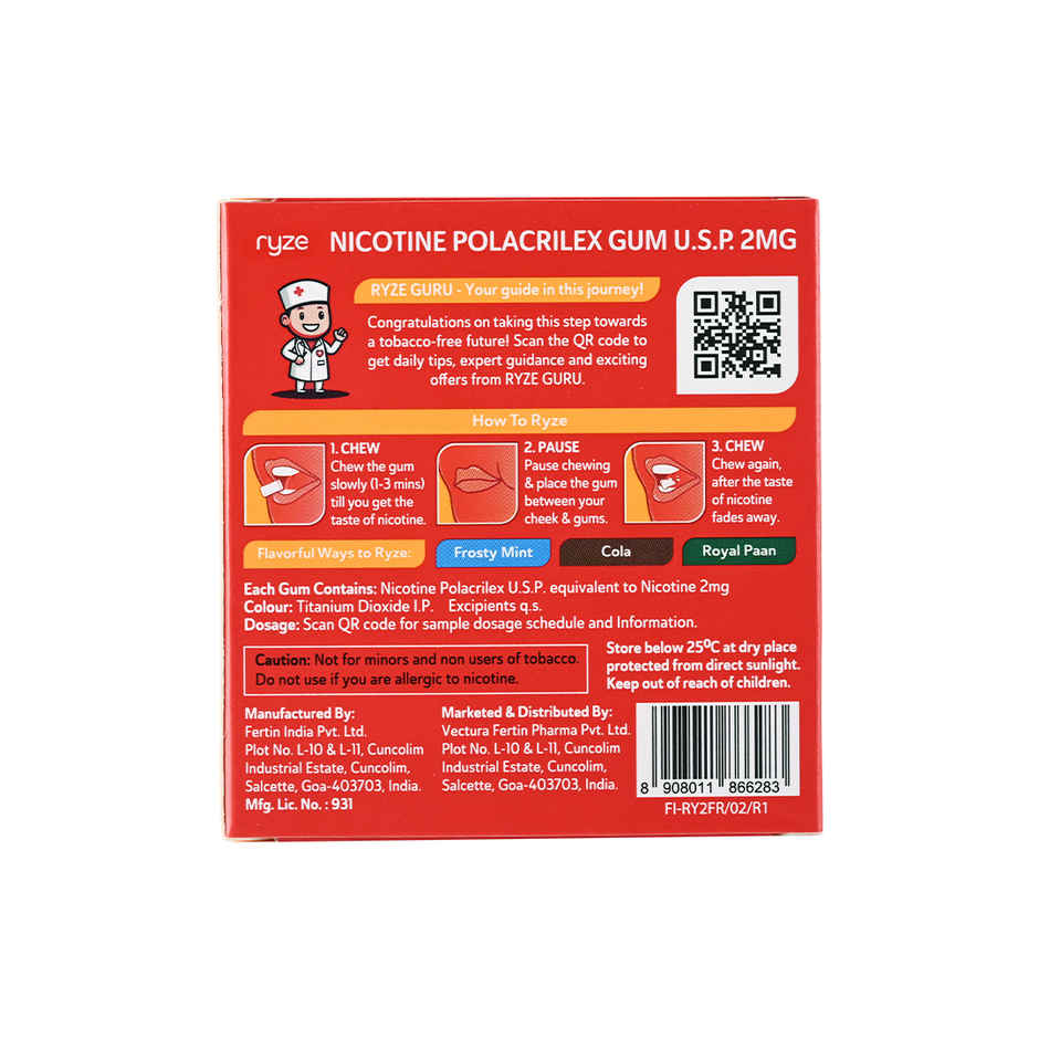 Ryze Nrt 2Mg (Fruit Blast) Nicotine Gums Single Pack - 9 Gum Blister (1pc) & Ryze Frosty Mint Nicotine Gums 2Mg | 9 Gum Blister (1pc) & Ryze Nicotine Gums 2Mg (Fresh Fennel) Gums Single Pack - 9 Gum Blister (1pc) Combo