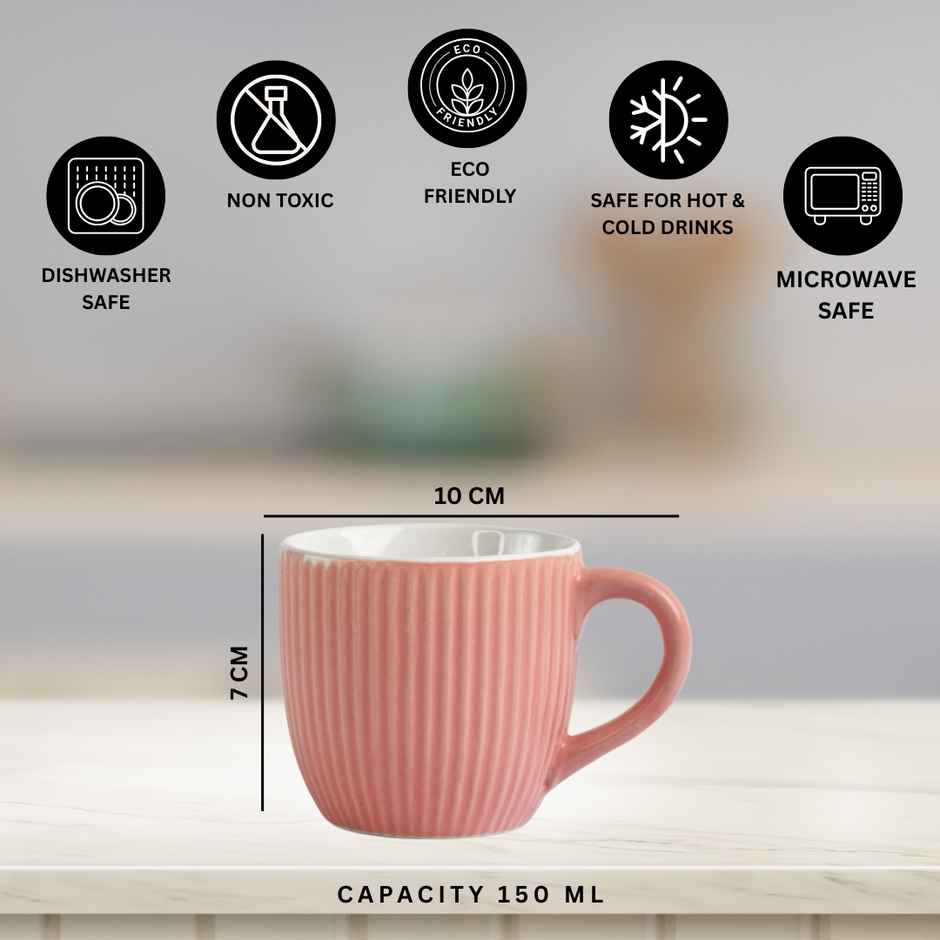 Saffron Ribbed Ceramic Cups | Blush Pink - 200 ml