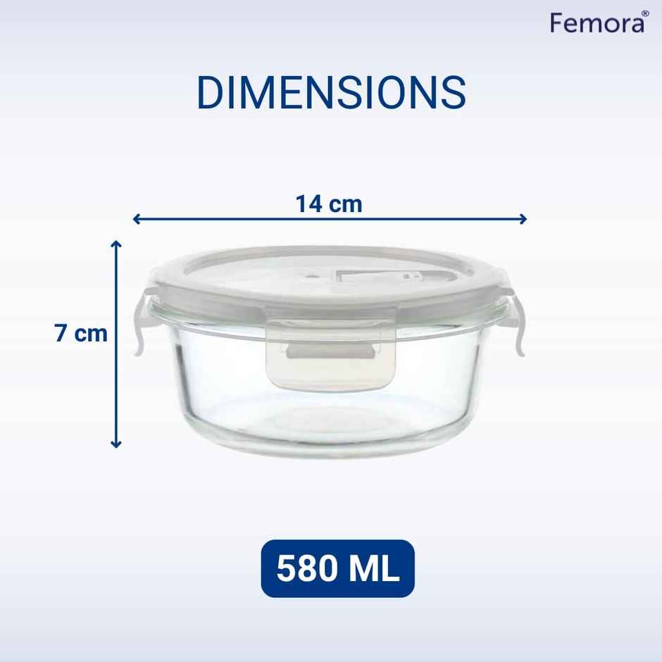 Femora Borosilicate Round Glass Food Storage Container With Air Vent Lid -580 ml