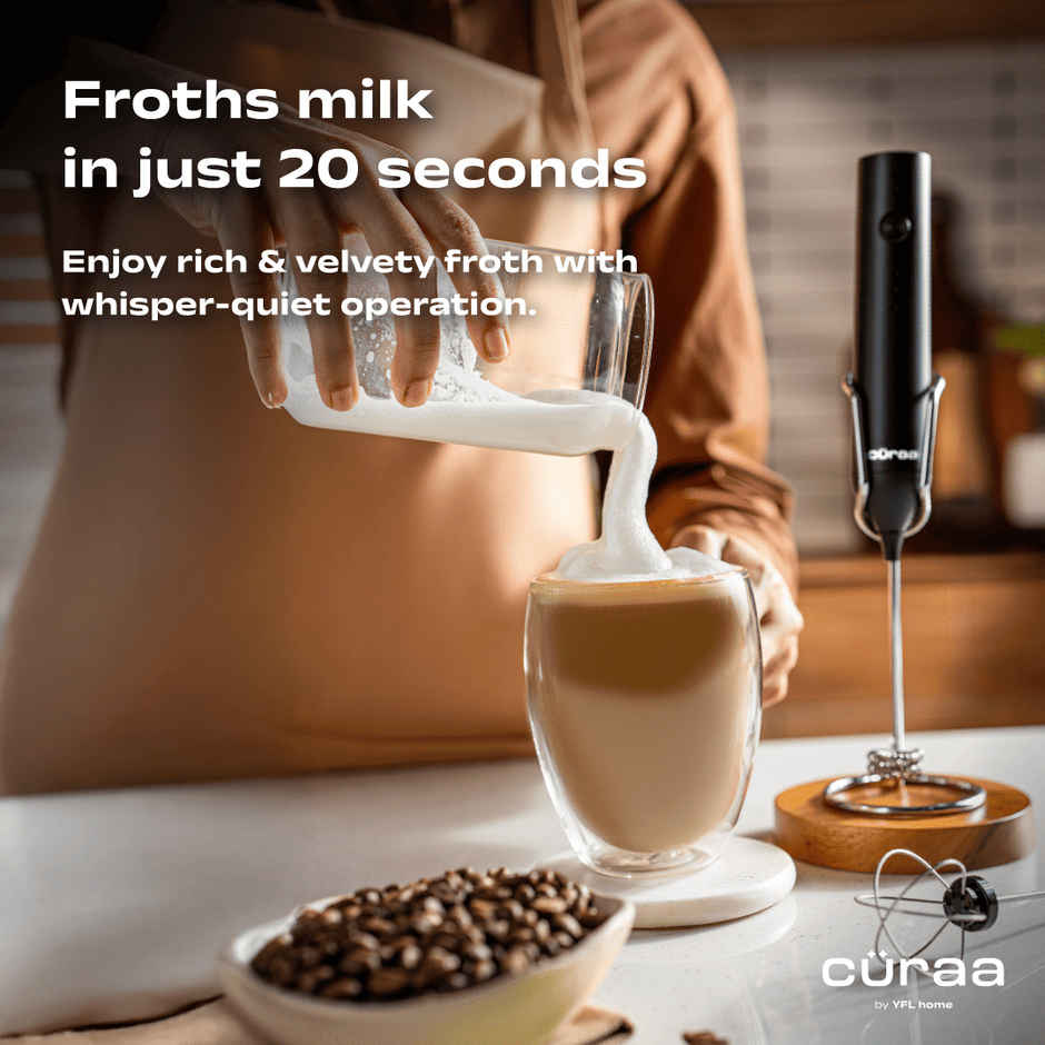 Curaa by YFL Home 10W Milk Frother for Coffee, 3 Speed Electric Milk Frother for Coffee, Lattes, Milk, Hot Chocolates & Cream, Handheld, Portable, Rechargeable Frother with Stand & Whisker - Black