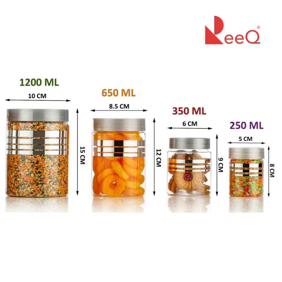 ReeQ Kitchen Storage Jar Set Transparent Plastic Containers with Silver Lids and Spoons