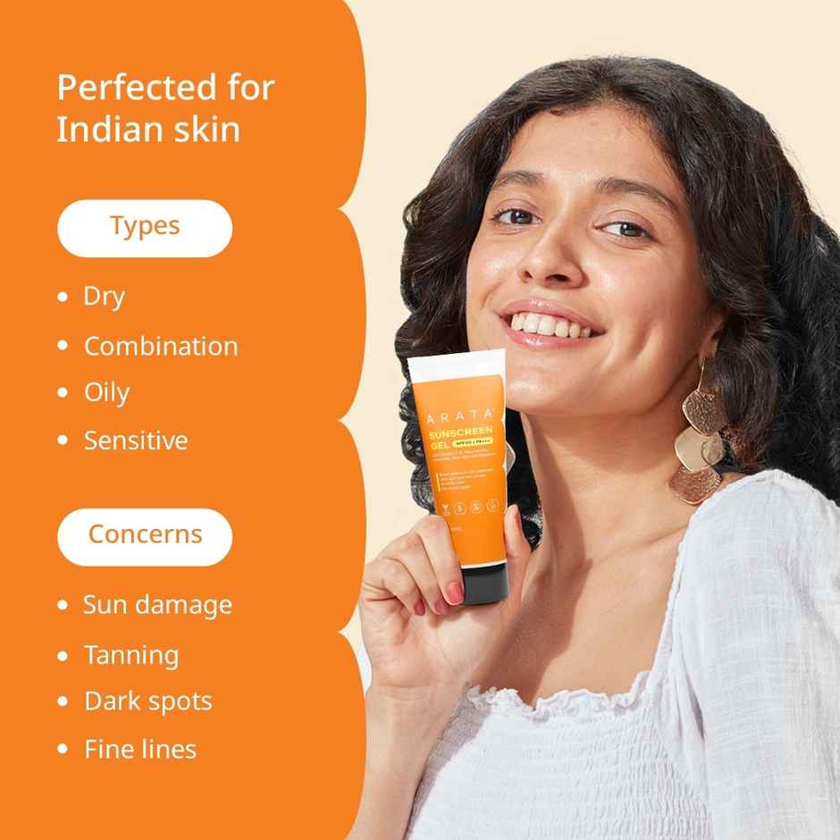 Arata UV-Defence SPF 50, PA+++ Sunscreen Gel with Hyaluronic Acid, Niacinamide, Ceramide & Vitamin C