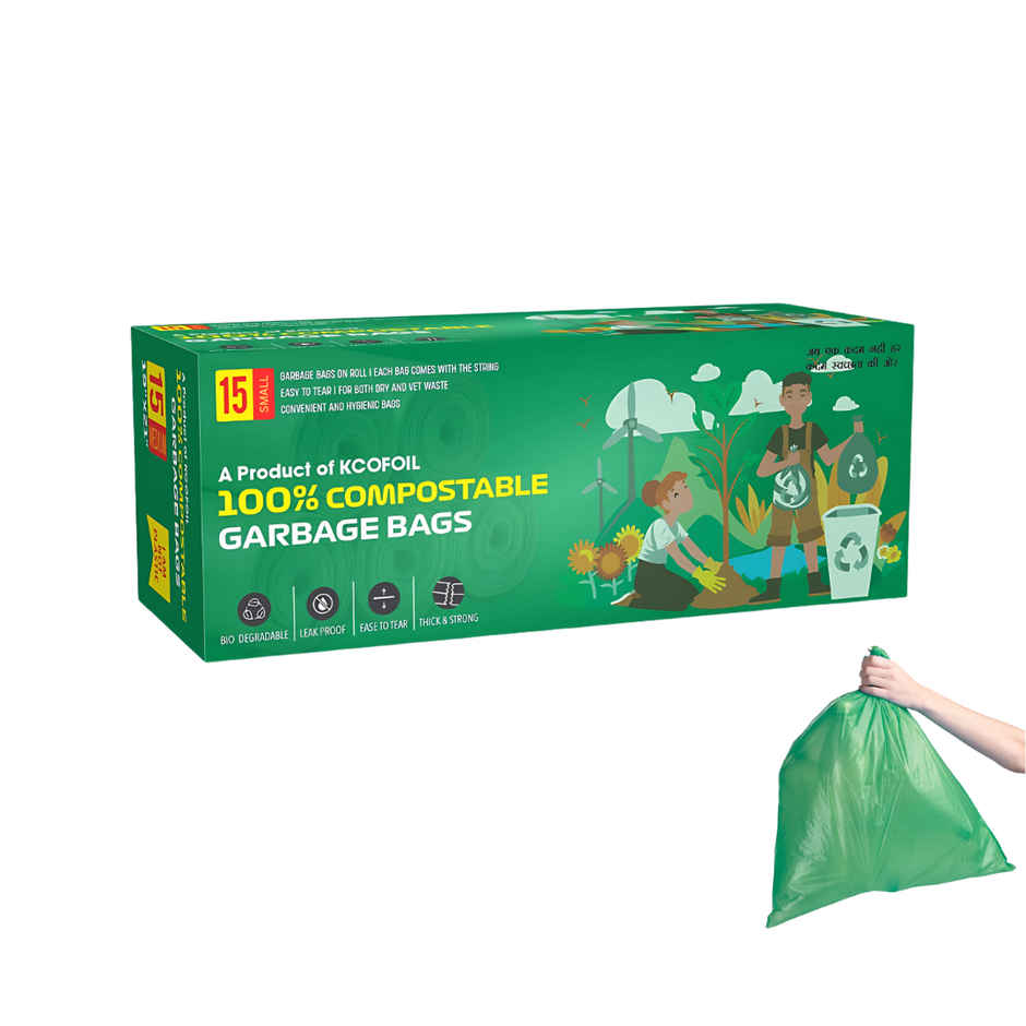 Kcofoil 100% Compostable Small Garbage Bag Roll - 15 Bags | With Detachable Tie Tape