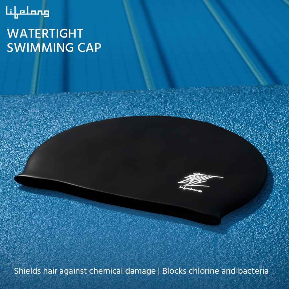 Lifelong Black Swimming Cap for Women - For Long Hair | Silicone Hair Cover Cap