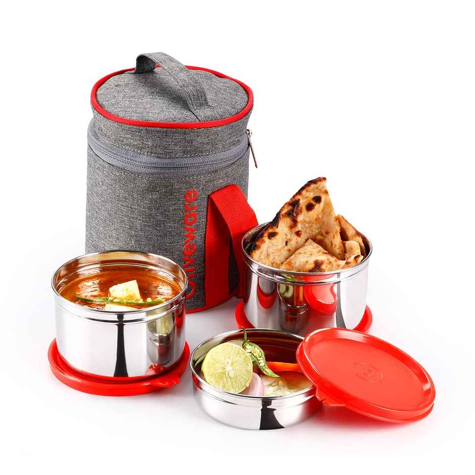 Oliveware Star Lunch Box, 3 Stainless Steel and Leak Proof - Red