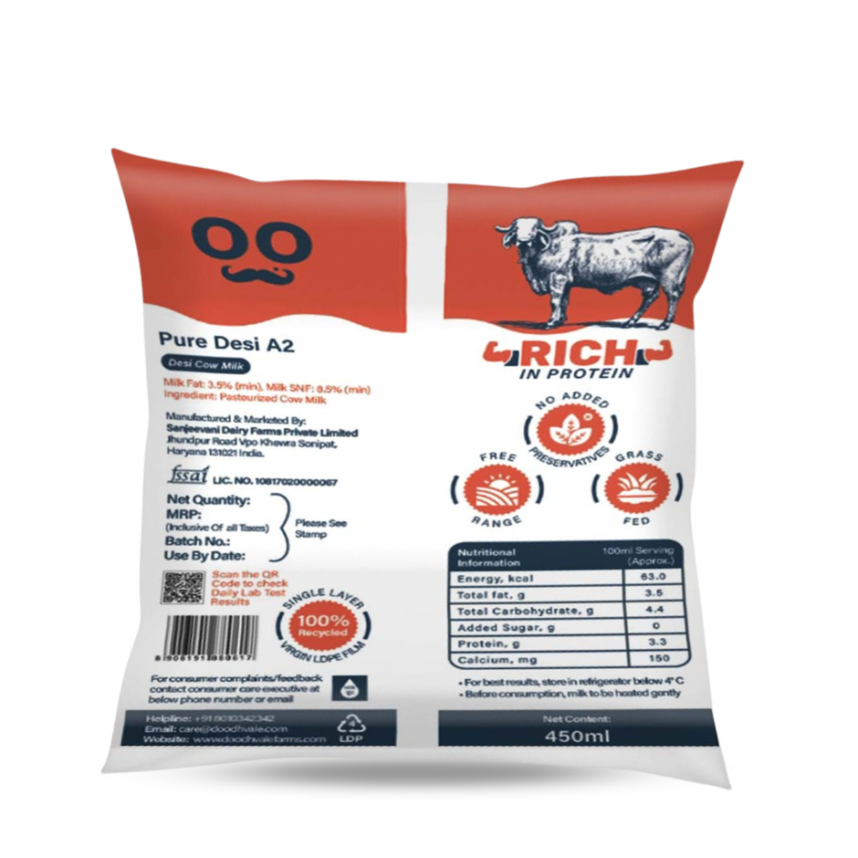 Doodhvale Farms Pure Desi A2 Cow Fresh Milk | Pouch