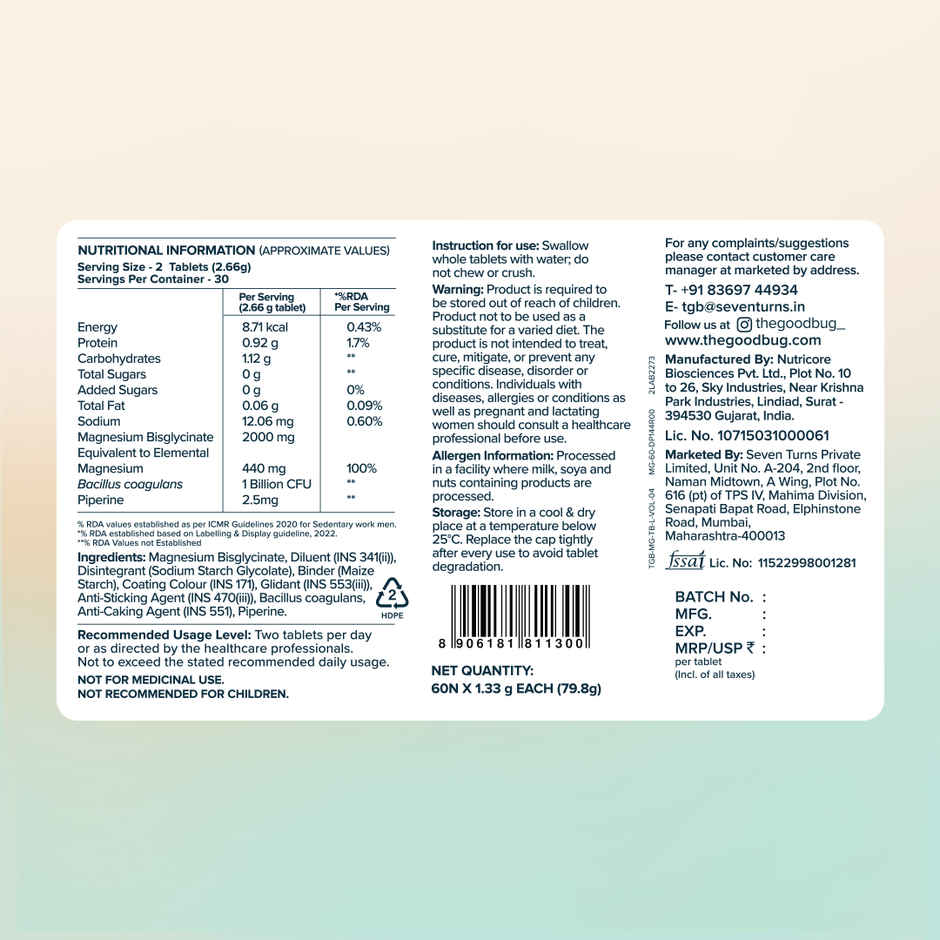 The Good Bug Chelated Magnesium Glycinate Supplement | 440 mg Per Serving | Veg Tablets