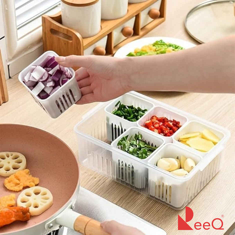 ReeQ Multipurpose Fridge Storage Box with Lid Removable Grid Containers