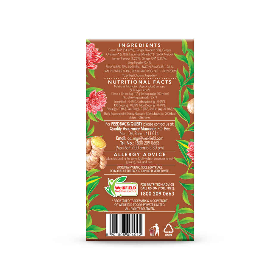 Eco Valley Organic Green Tea- Ginger Mulethi Lemon| Boost Energy, Helps Burn Body Fat| Zero Calories