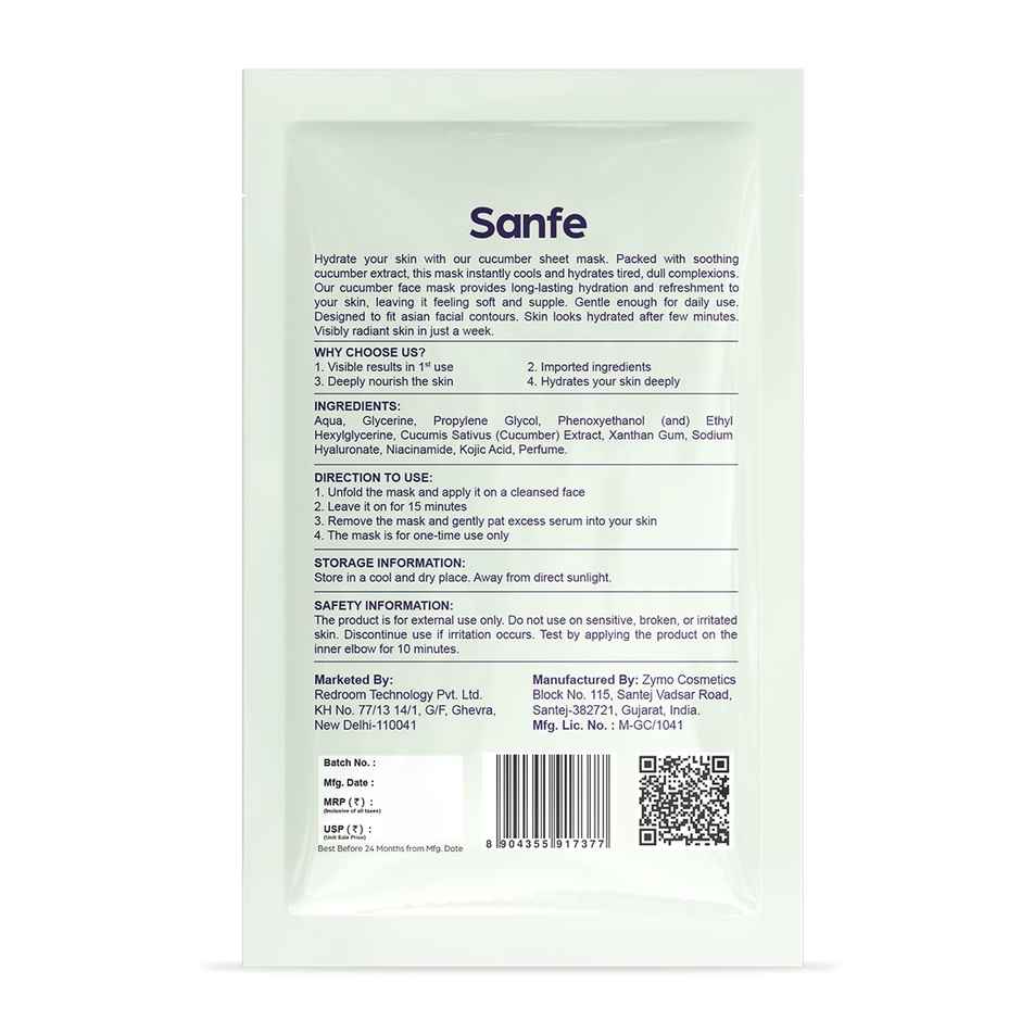 Sanfe Instant Hydration Cucumber Facial Mask 100% Fruit Extracts, Korean Mask