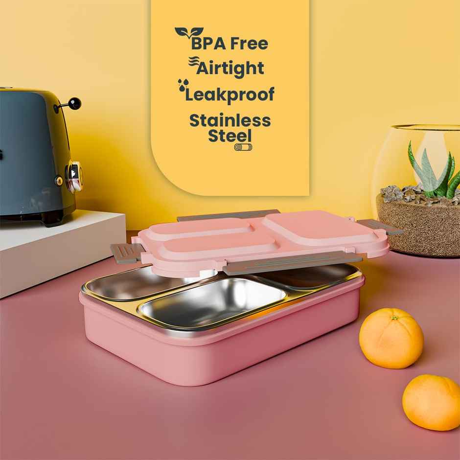 Tex-Ro Pink 2 Compartment Microwave Safe, Lockable Stainless Steel & Plastic Tiffin Box 700 ml
