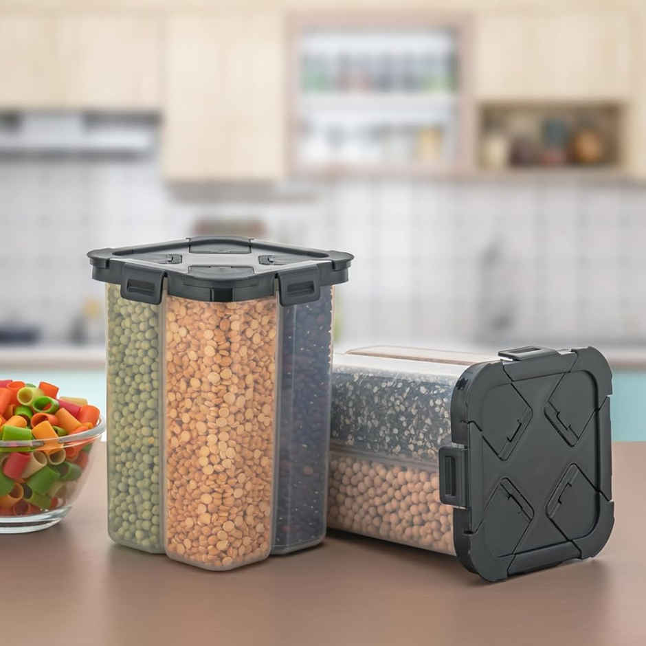 ReeQ 4 Section Airtight Dry Food Storage Container | Black Lid - 2 L