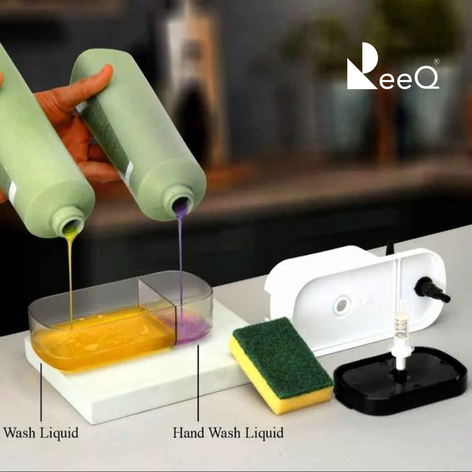 ReeQ 2-in-1 Dishwashing Liquid Dispenser with Sponge Holder | Dual Soap Pump Cleaning Organizer