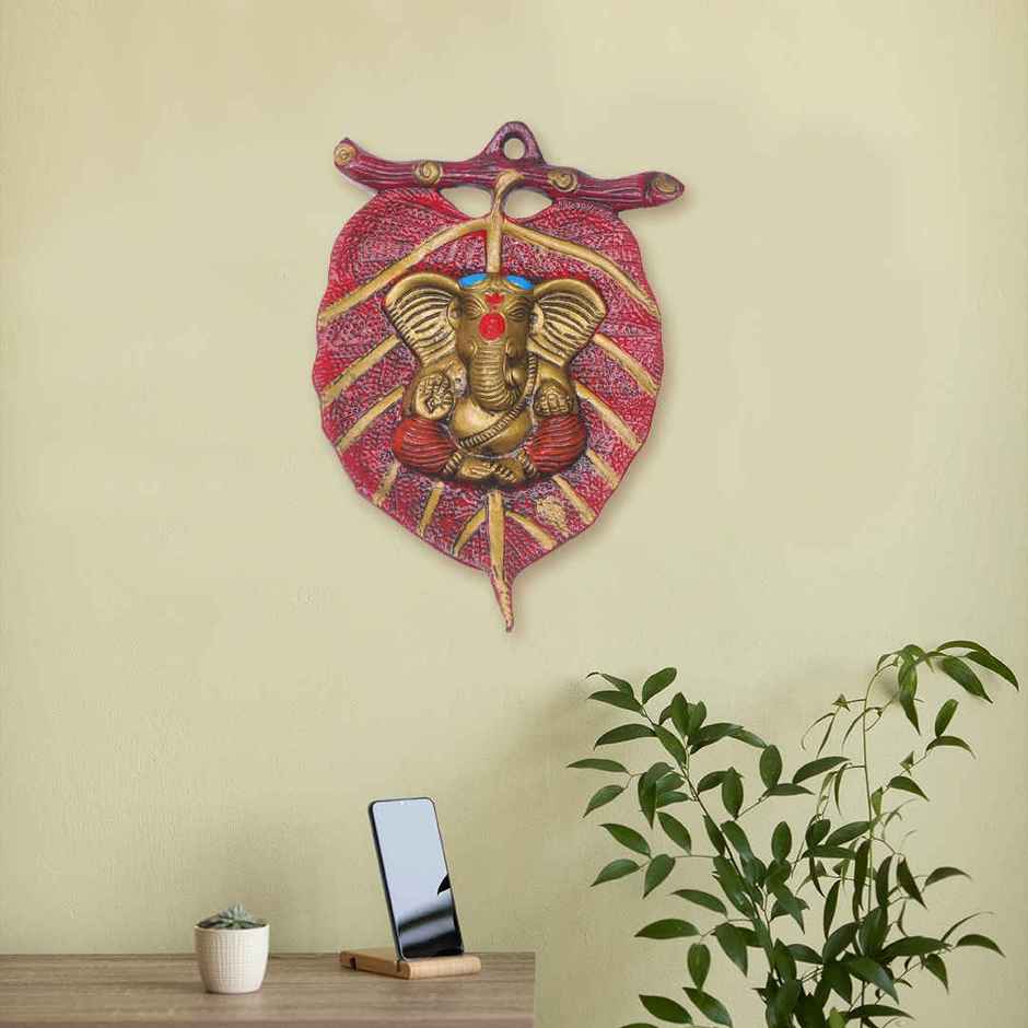 Ganesh Ji on Red Leaf Wall Hanging in Gold Polish | Devnidhi