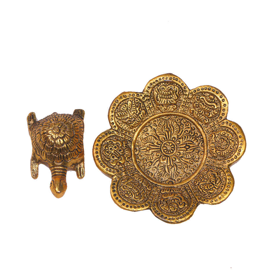 Tortoise/ Turtle/Kachua on Flower Plate Vastu Feng Shui in Gold Polish | Devnidhi