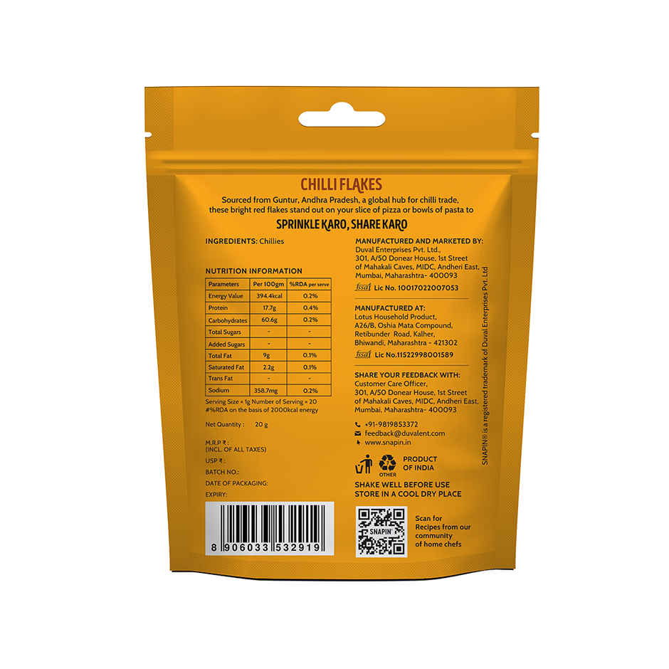 Snapin Chilli Flakes Sachet Pouch