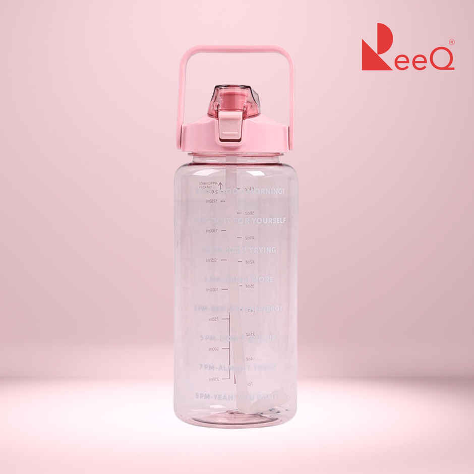 ReeQ PET Motivational Water Bottle with Straw & Time Marker | BPA Free, Leak-Proof | Pink - 2 L