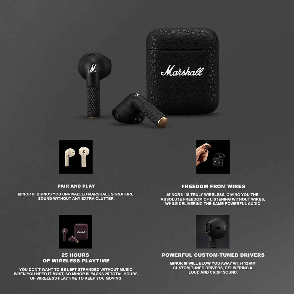 Marshall Minor lll Bluetooth Truly Wireless ln-Ear Earbuds Wlth Mic, Black