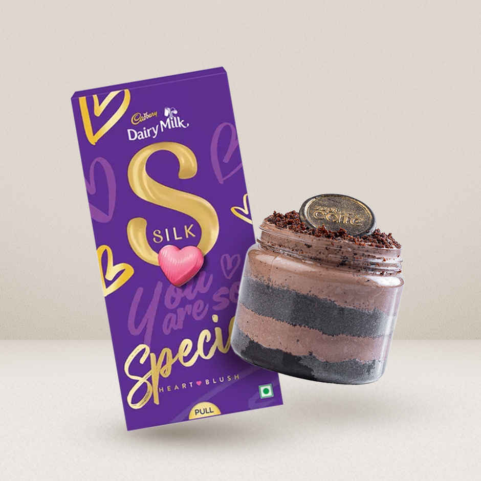 Cadbury Dairy Milk Silk Heart Blush Chocolate Bar Valentines Gift Pack & Layered Double Chocolate Cake Jar Combo