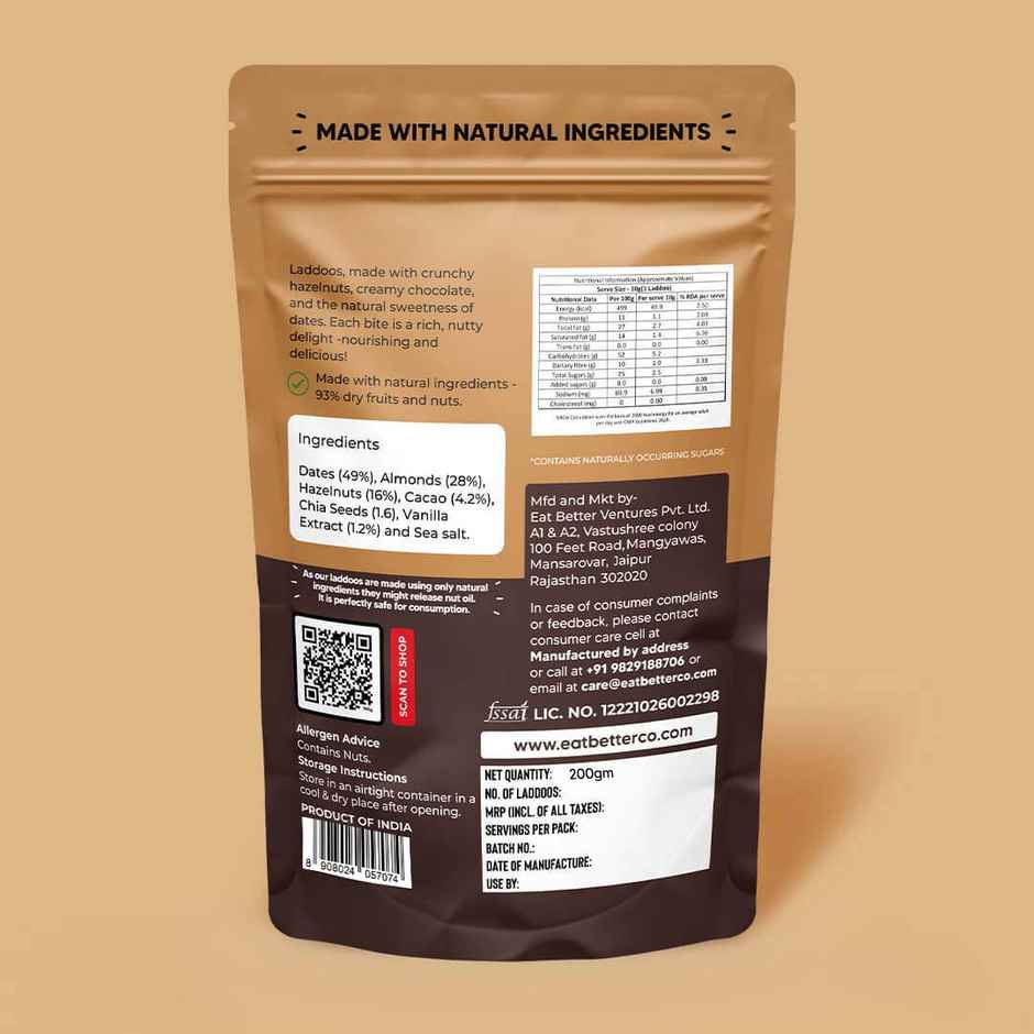 Eat Better Co Hazelnut & Chocolate Ladoos | No Added Sugar | High Protein, 100% Natural