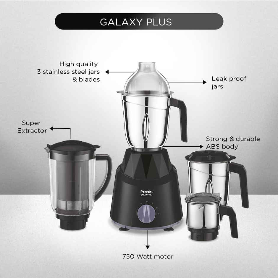 Preethi Galaxy Plus Mixer Grinder For Kitchen | 750 Watt Mixie | 4 Jars - Black