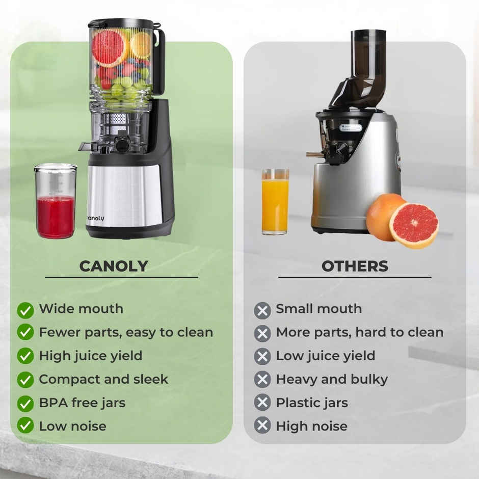 Canoly Cold Pressed Juicer | Slow Juicing | Easy to Clean | Metal Grey