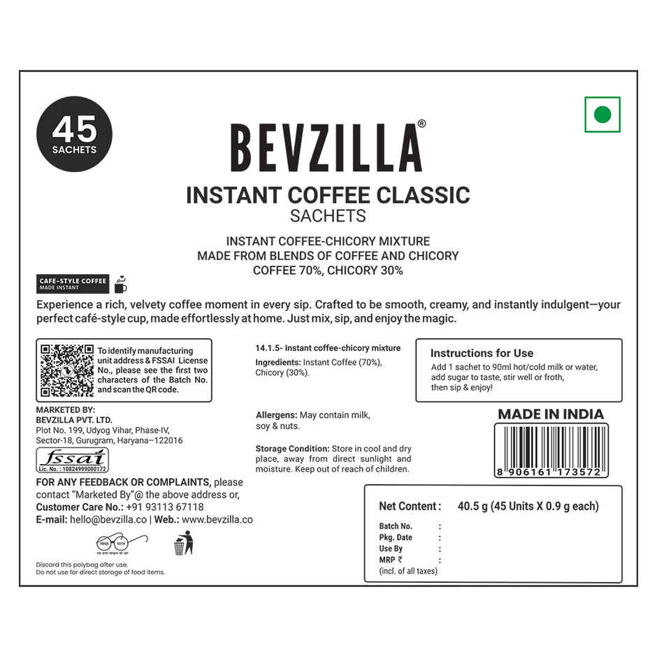 Bevzilla 45 Classic Instant Coffee Powder Sachets