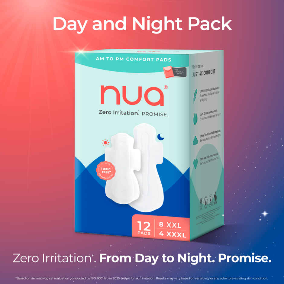 Nua Day and Night Sanitary Pads with Disposal Cover | 8 XL + 4 XXXL | XL / XXXL | 12 pcs