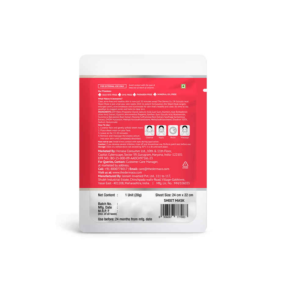 The Derma Co. 1% Salicylic Acid Acne Control Sheet Mask for Clear Skin