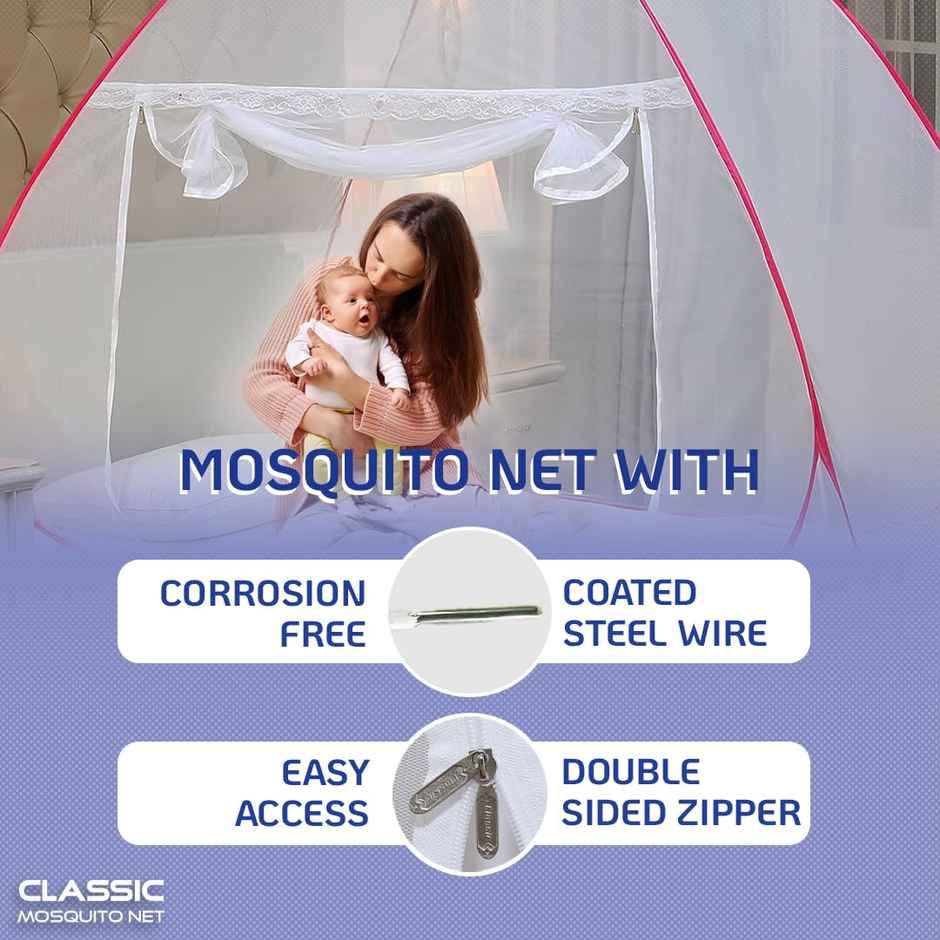 Classic Mosquito Net For Single Bed | Foldable Machardani | Polyester Strong 30Gsm Mesh - Pink.