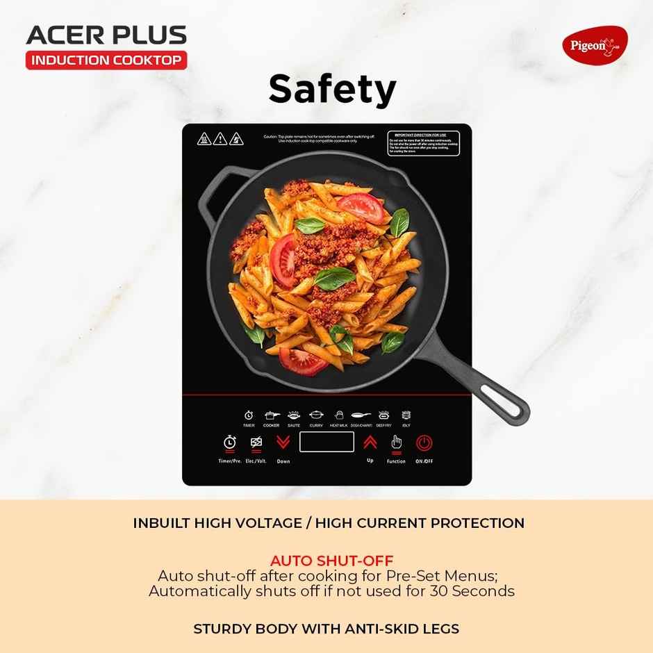 Pigeon By Stovekraft 14429 Acer Plus 1800 Watt Induction Cooktop with Feather Touch Control, Induction Stove comes with 8 Preset Menus and Auto-Shut Off features - Black