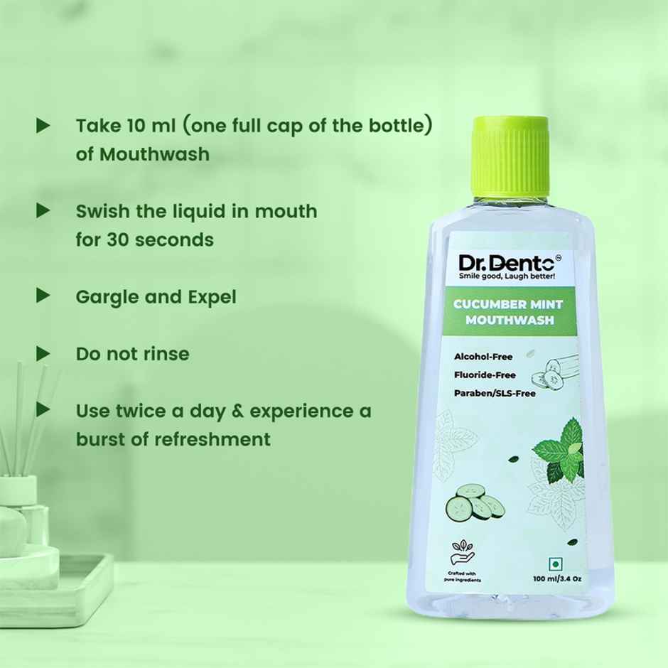 Dr.Dento Alcohol Free Cucumber Mint Mouthwash with Vitamin C & Hyaluronic Acid For Fresh Breath