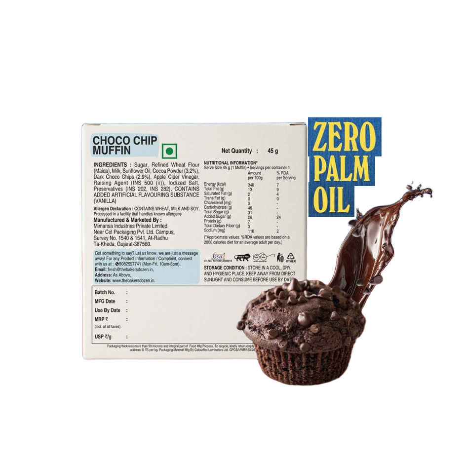 The Baker's Dozen Choco Chip Muffin | Dark Chocolate Chips | Eggless | Veg Cake | Bakery Delight