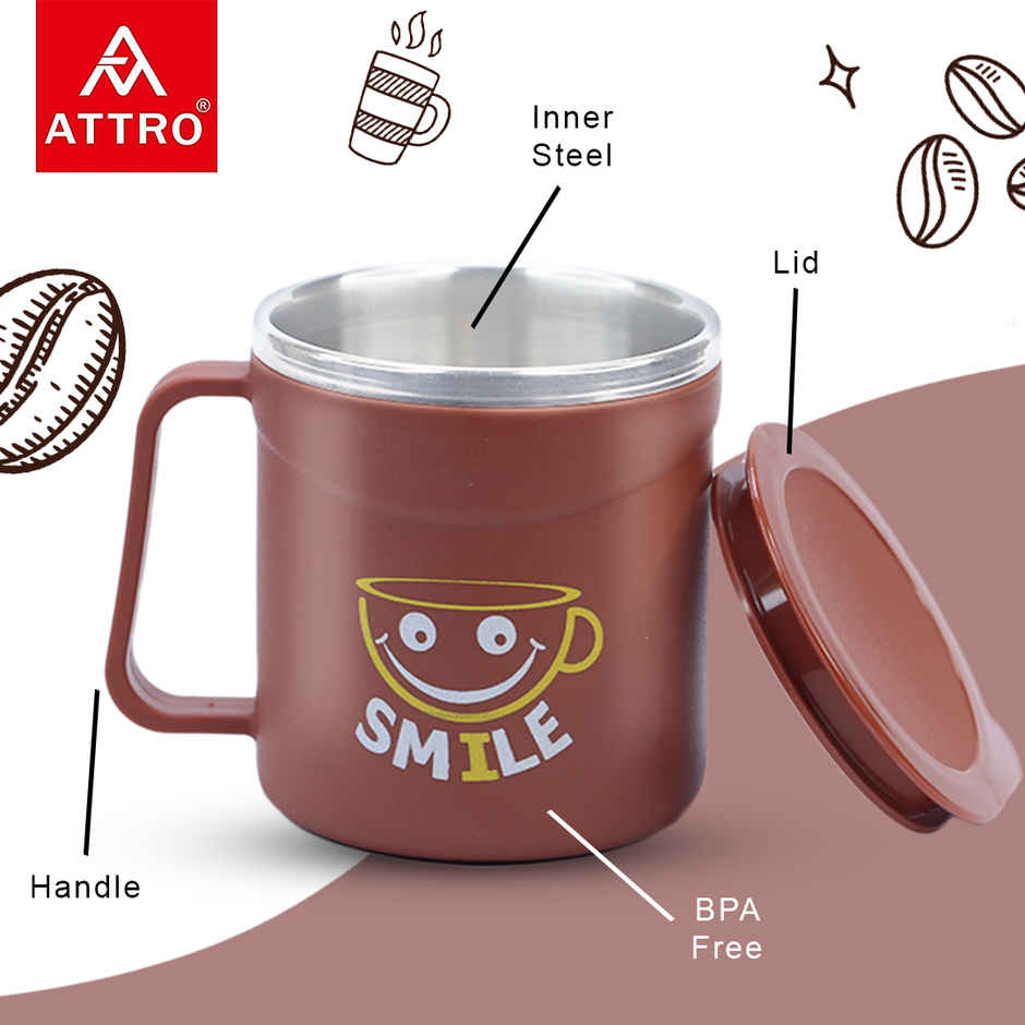 Attro Happy Mug | Double Wall Stainless Steel Lid | Cup for Hot Coffee-Tea | 300 ml | Red