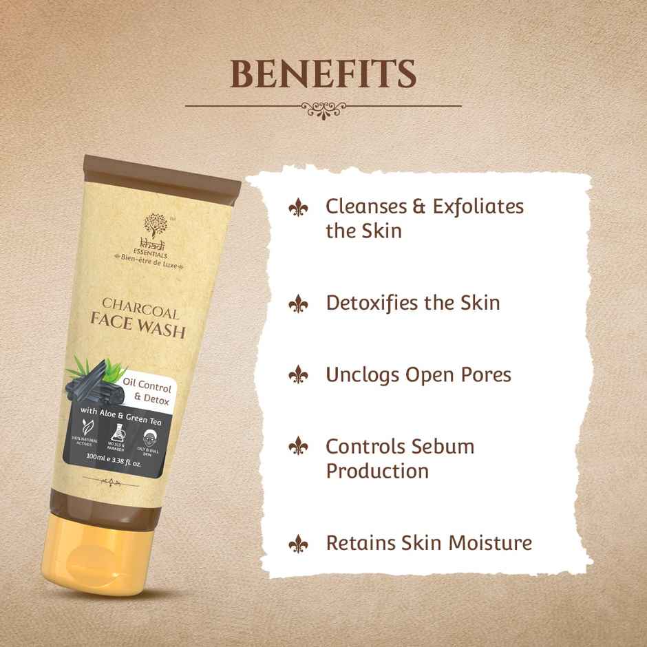 Khadi Essentials Activated Charcoal Face Wash for Oily Skin, Detox & Pollution with Aloe Vera