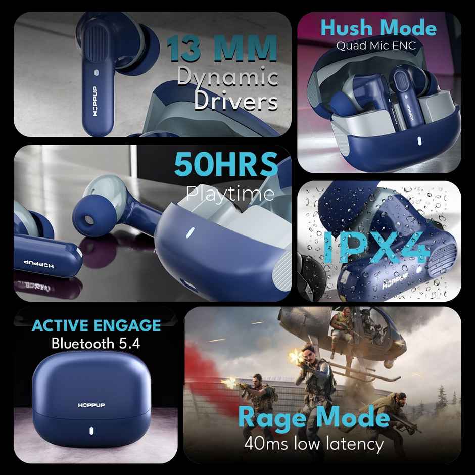Hoppup Airdoze Rebellion Earbuds With 4 Mic Enc,13Mm Drivers, 50H Playtime(Blue,Grey,True Wireless)