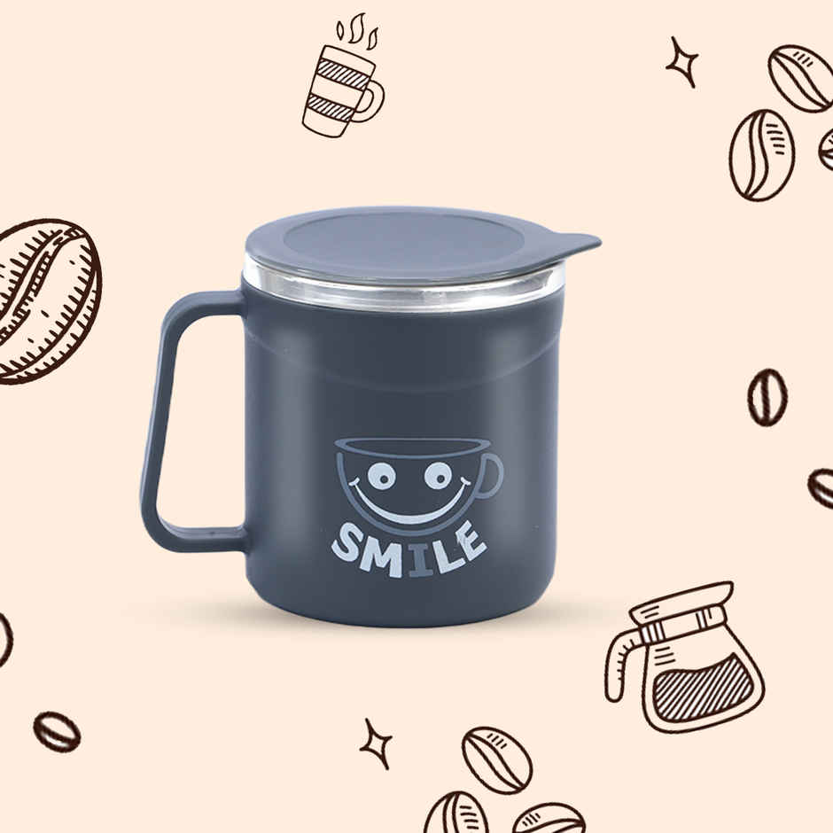 Attro Happy Mug | Double Wall Stainless Steel Lid | Cup for Hot Coffee-Tea | 300 ml | Grey