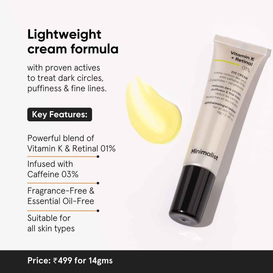 Minimalist Vitamin K + Retinal 01% Under Eye Cream | Reduces Dark Circles, Wrinkles & Fine Lines