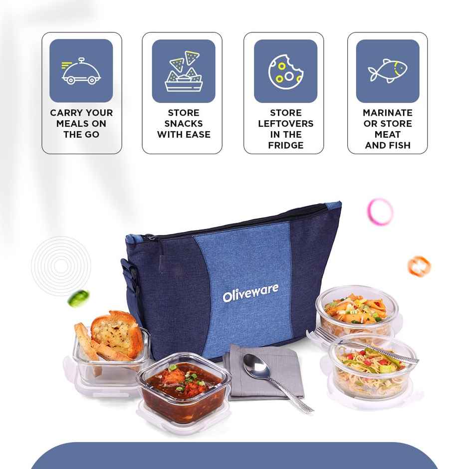 Oliveware Olive Glass Lunch Box, Insulated Fabric Bag, Leak Proof & Microwave Set of 4 - Blue