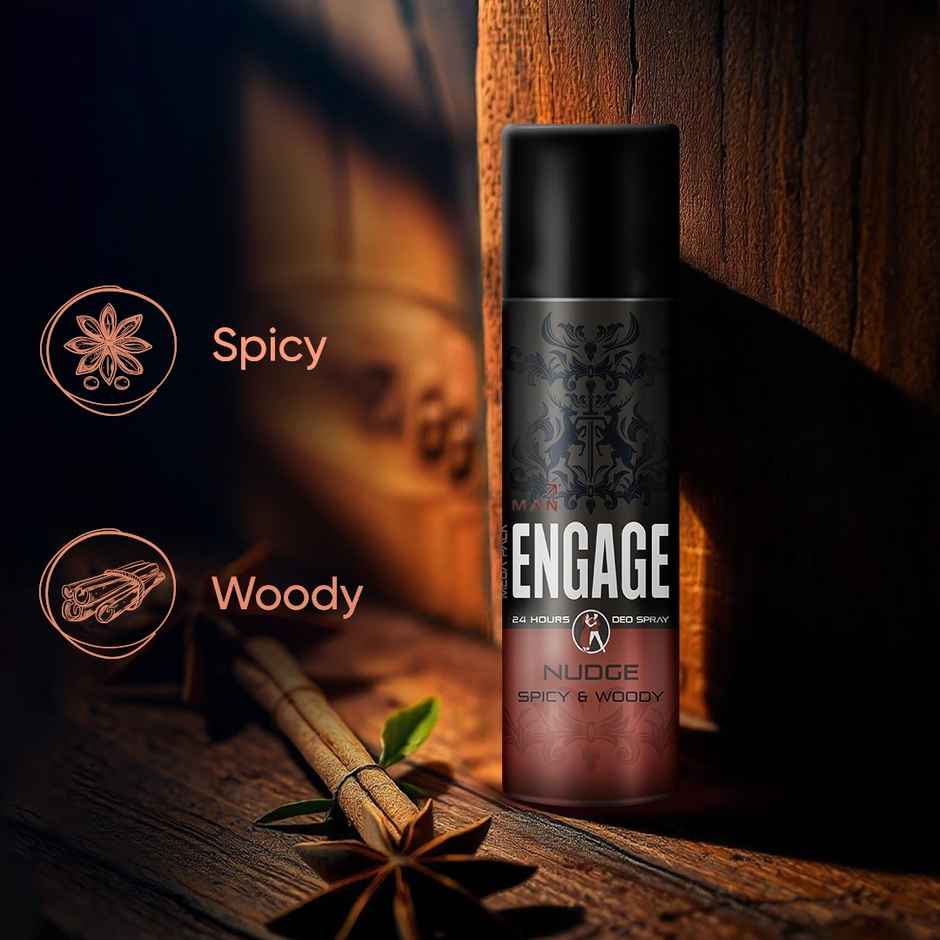 Engage Nudge Deodorant Spray for Men 220ml | Spicy & Woody | 24hr Freshness | Long Lasting