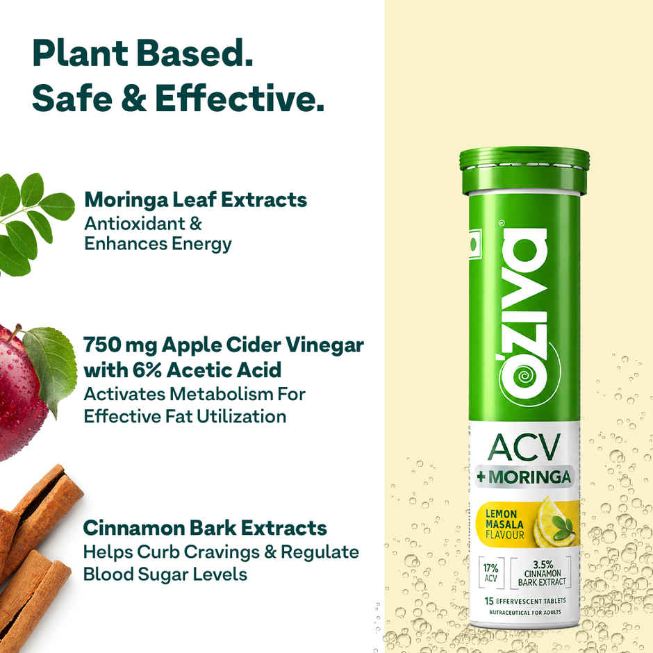 Oziva Apple Cider Vinegar with Moringa Tablets for Weight Management & Craving Control|Lemon Masala